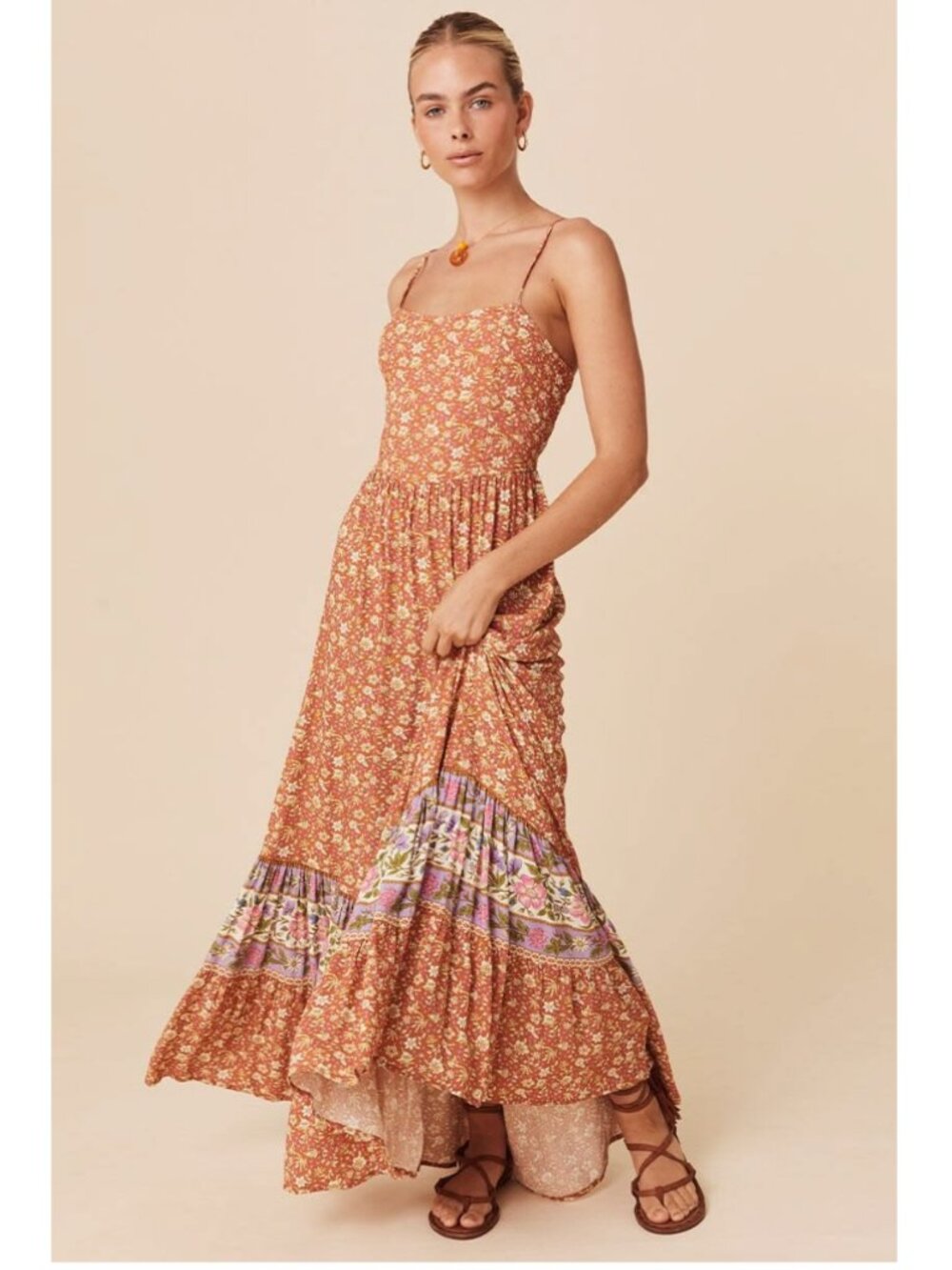 Spell Sienna Strappy Maxi Dress Clay Orange Floral Print Sz S